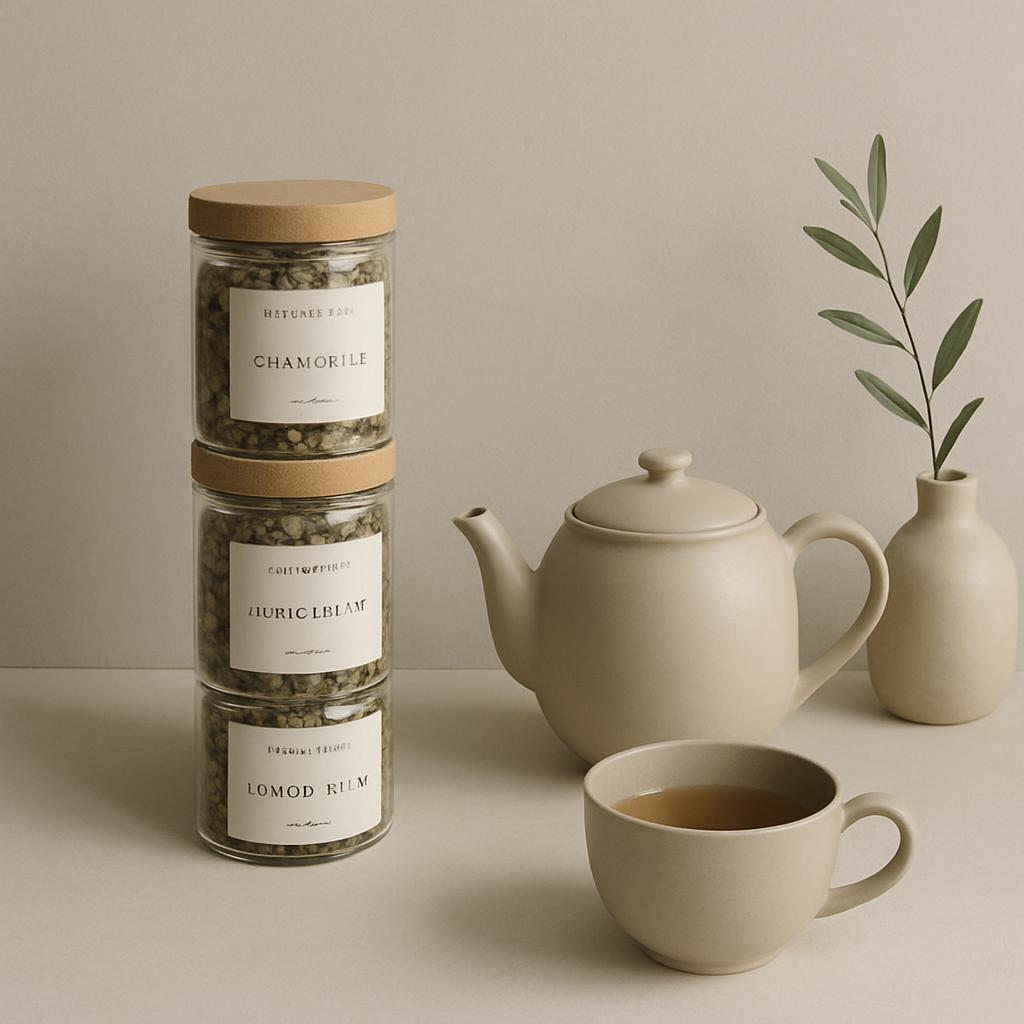 Jars of loose leaf chamomile tea stack beside a cream teapot and teacup, with a cream-colored background.